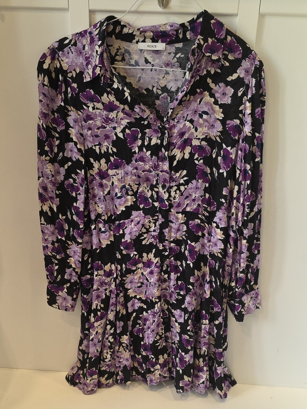 Ricki's Black Floral Long Sleeve Dress with Purple and Cream Flowers